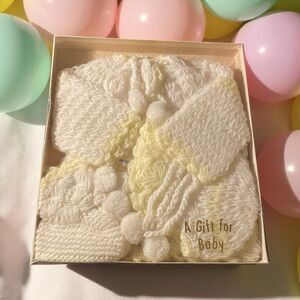 Vintage 3 Piece Handmade Knit Yellow Baby Sweater Hat & Booties Set Original Box